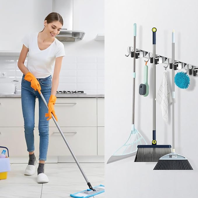 2 Pack Broom Holder Wall Mount Mop Hanger, Stainless Steel 4 Racks 5 Hooks Self Adhesive Heavy Duty Tool Organizer for Garage Kitchen Garden Laundry Room Home (Silver)