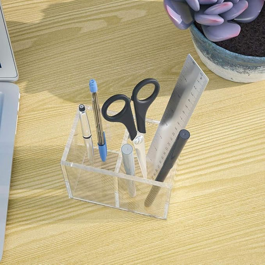 NIUBEE Acrylic Pen Holder 2 Compartments, Clear Pencil Organizer Cup for Countertop Desk Accessory Storage