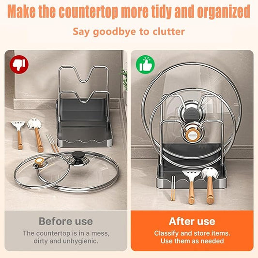 Kitchen Pot Lid Storage Rack, Pot and Pan Organizer with Removable Drip Tray,Detachable design,Suitable for Placing pot Lids, Spoons, Cutting Boards, etc (Gray, 2 stands)
