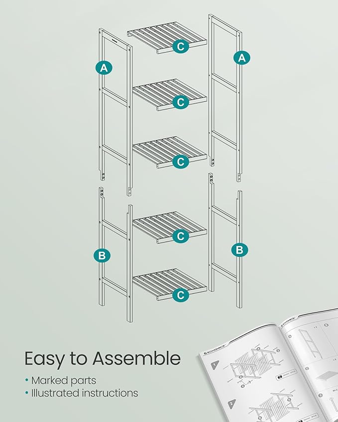 SONGMICS Bamboo Storage Shelf, 5-Tier Shelving Unit, Multifunctional, in The Entryway, Bathroom, Living Room, Balcony, Kitchen, 13 x 13 x 57.5 Inches, Cloud White UBCB055W01