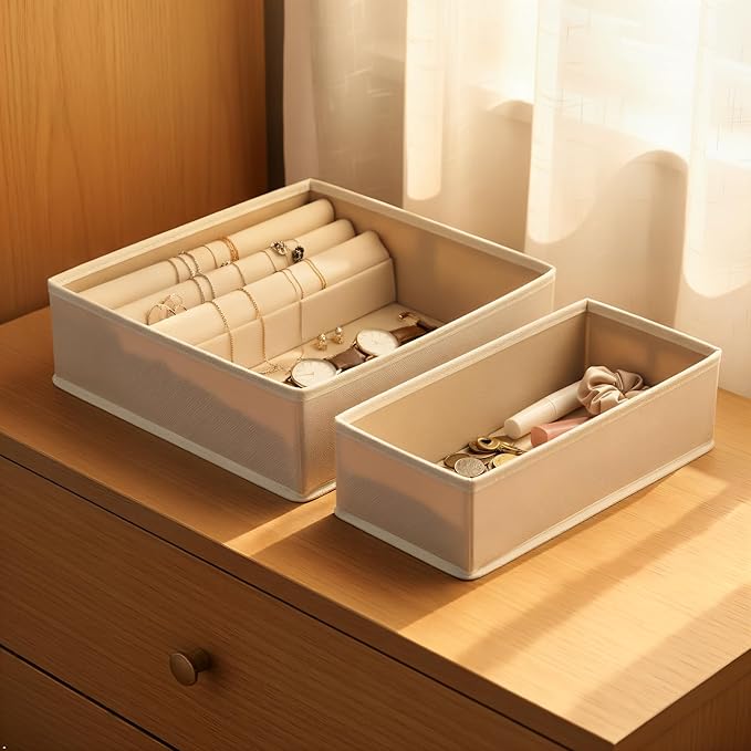Drawer Organizer 2 Pack - Foldable Storage Bins for Underwear, Socks & Bras - Khaki Fabric Closet Dividers