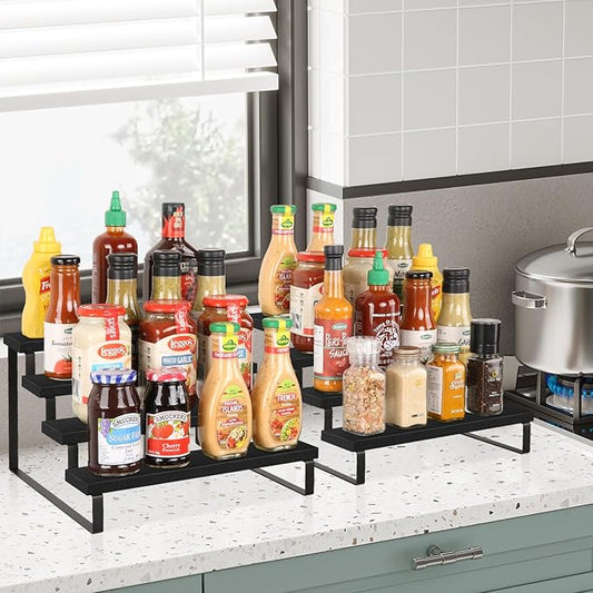 YINMIT Wooden Display Riser Stand, Tiered Perfume and Cologne Organizer Stand, 4 Tier Spice Rack Organizer, Rustic Display Shelf for Candles (4 Tier,2Pack,Black)