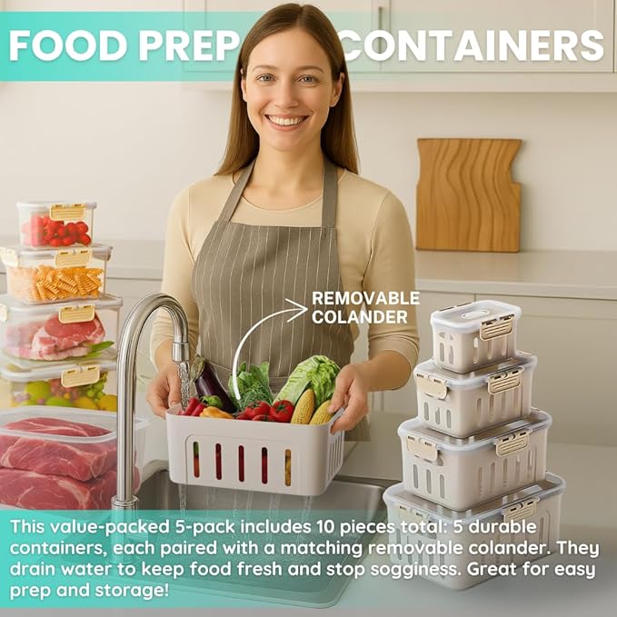 DAZZLEREE Fruit Containers for Fridge Keep Fresh, 5-Pack Produce Containers for Fridge with Lids, Meal Prep Containers, Food Organizer with Removable Colander, Microwave & Dishwasher Safe (Cream)