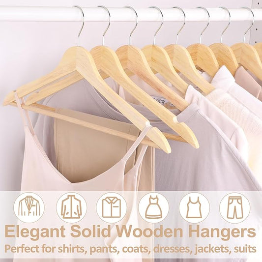 ROSOS Solid Wood Hangers - 30 Pack with 360 Swivel Chrome Hook, Smooth Finish & Precisely Cut Notches, Slim Wooden Coat Hangers for Closet, Natural