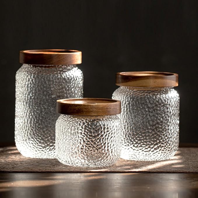 Viovian 16 oz Glass Coffee Nuts Canister Vintage Glass Storage Jars with Wooden Lids Clear Decorative Jar for Food Kitchen Coffee Tea Sugar Cookie Candy Counter Pantry 500ML