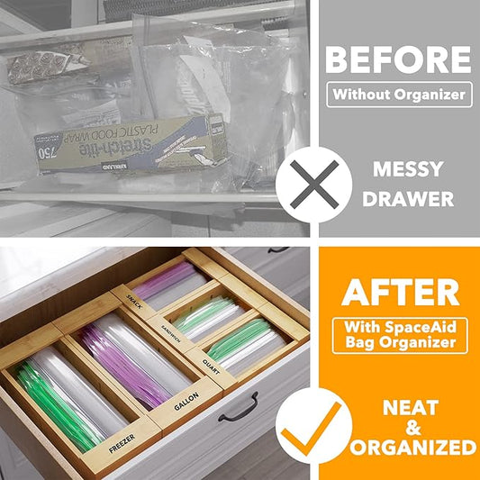 SpaceAid Bag Storage Organizer for Kitchen Drawer, Bamboo Organizer, Compatible with Gallon, Quart, Sandwich and Snack Variety Size Bag (5 Pack Set)