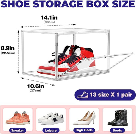 EDS FAM Shoe Storage 6 Pack Size 13 Acrylic Clear Shoe Storage Box Stackable Large Sneakers Display Case with Magnetic Door Hat Boxes Shoe Organizer for Closet