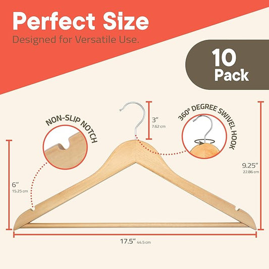 Natural Wooden Hangers 10 Pack – Heavy-Duty with 360° Swivel Hook, Non-Slip, Pants Bar & Shoulder Grooves - Wooden Hangers for Suits, Jackets, Dresses & Camisoles, Space-Saving and Smooth Finish