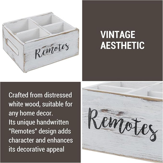 MyGift Wood Remote Control Holder Organizer with 4 Compartments, Media Remote Caddy Storage with Cursive REMOTES Design, Whitewashed
