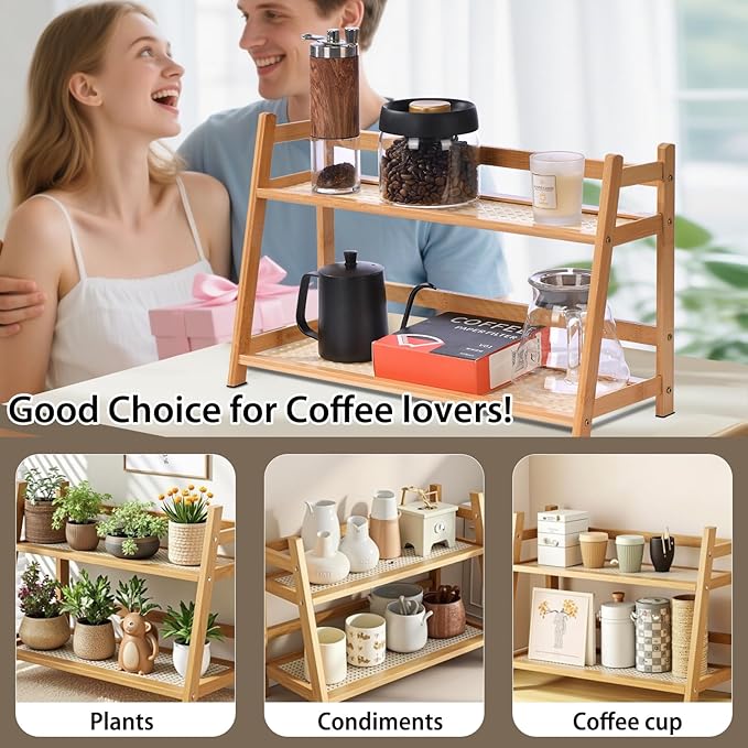 2 Tier Matcha Station Wicker-Look Coffee Station Organizer, Kitchen Counter Shelf for Tea & Coffee Bar, Mug Holder Countertop, Condiment Storage Rack(17Inch)