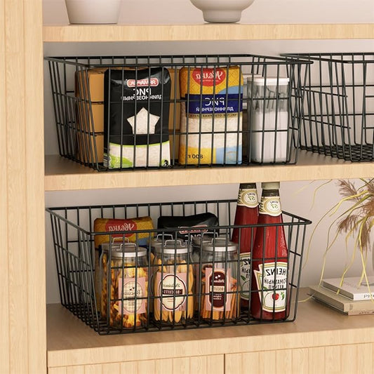 SANNO Large Freezer Baskets Metal Storage Organizer Bin Basket Wire Storage Basket for Kitchen Pantry Bathroom Large Metal Farmhouse Food Fruit Produce Organizer Bins,black,8