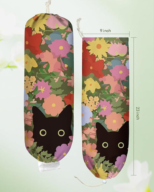 Plastic Bag Holder Organizer - 1 Pack Reusable Canvas Grocery Bags Holder Hanging Wall Cute Aesthetic Shopping Bag Storage Dispenser with Drawstring Closure for Kitchen Home, Cat In Flower