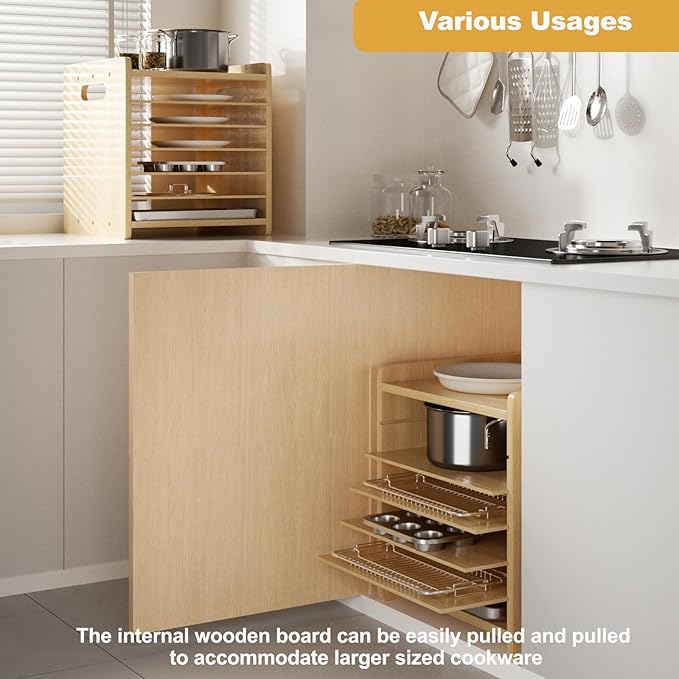 Sawjut 7 Tier Wooden Tray Dividers for Cabinets Cookie Sheet Organizer for Pot, Pans, Baking Tray Organizer for Kitchen Documents Storage(14" W x 16.5" H x 15.2" D)