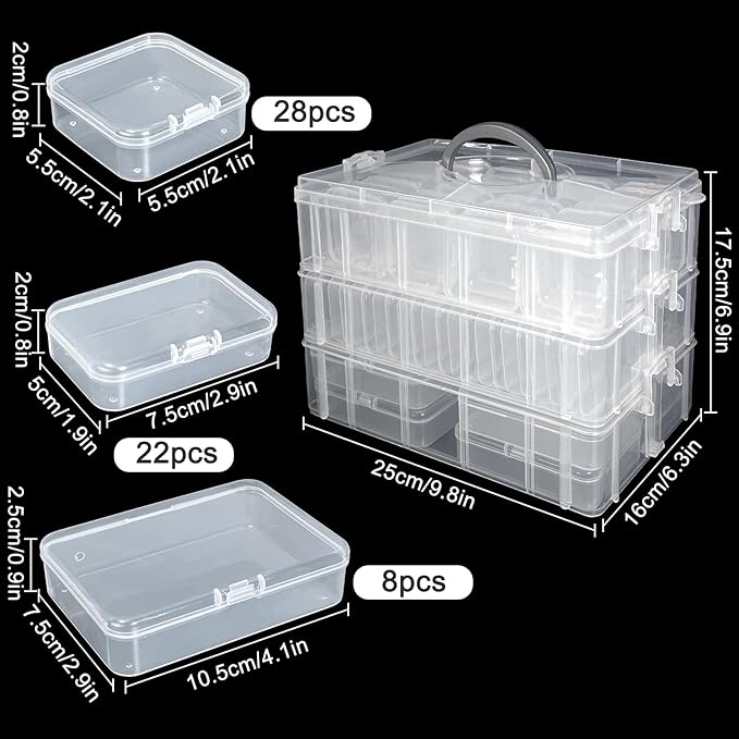 Guyuyii Bead Organizers and Storage with Labels and Handle - 58 Pcs Small Plastic Bins with Lids and 3-Tier Stackable Clear Bead Storage for Diamond Painting, Seed Beading & Jewelry Making (3 Sizes)
