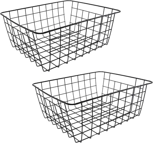 2Pcs Black Wire Kitchen Storage Baskets, Pantry Organization Accessories Basket, Stackable Metal Mesh Organizer with Handles, Multi-Purpose Basket for Fruits Bathroom Kitchen