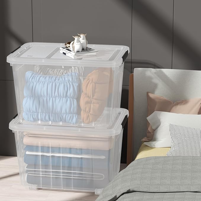 Qqbine 70 Quart Large Clear Storage Bins, Plastic Storage Box with Lids and Wheels, 4 Packs