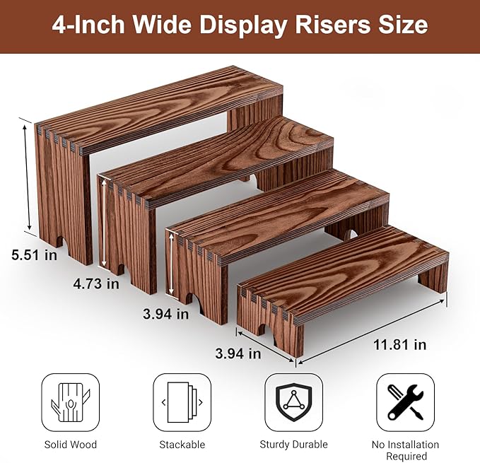 2 Set Large Wooden Tiered Riser Display Stands(4" Width),Stackable Wooden Cupcake Display Stand,Wood Risers for Decor,Dessert Table Display Set,Vendor Booth Display Items,Food Display Risers for Party,Cologne Perfume Organizer for Men Women(12" 11.2" 1...