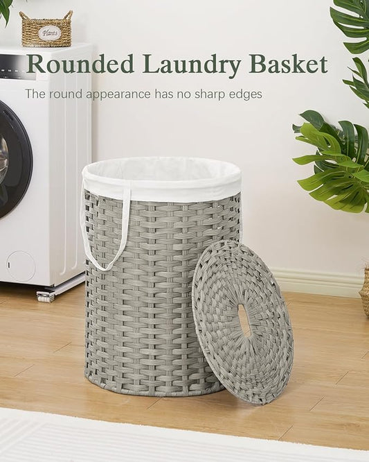 Laundry Basket with Lid Round Rattan Laundry Hamper with Lid and Handles 29.1 Gal (110 L) Handwoven Woven Basket with Removable Bags and 2 Mesh Bags for Bathroom Living Room Gray