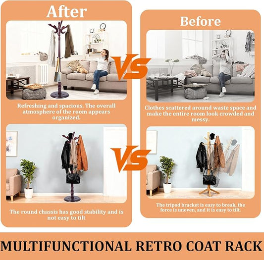 73”Vintage Wooden Coat Rack,With 14 Hooks and Sturdy Round Base.Sturdy and Durable Standing Coat Racks,Adjustable Wooden Freestanding Coat Rack for Porch,Bedrooms (Mahogany) (Flying Swallow, 1 PCS)