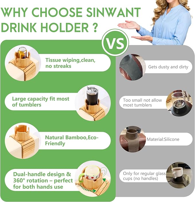 SINWANT Couch Cup Holder, Bamboo Couch Drink Holder for Large Coffee Mug,Non-Slip 360° Rotation 2 in 1 Sofa Cup Holder & Phone Stand, Clip on Sofa RV Car Armrest for Water Bottles,Cans,Wine