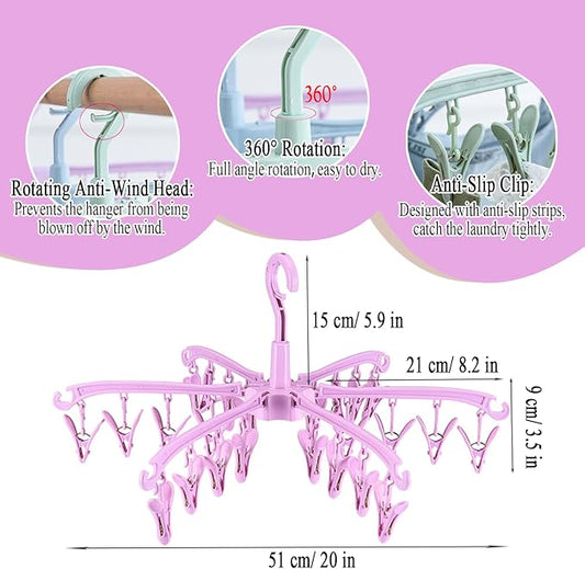 Foldable Drying Rack with 24 Clips for Drying Socks Lingerie Baby Clothes Drying Towels Rotatable Sock Drying Rack 2 PCS (Pink)