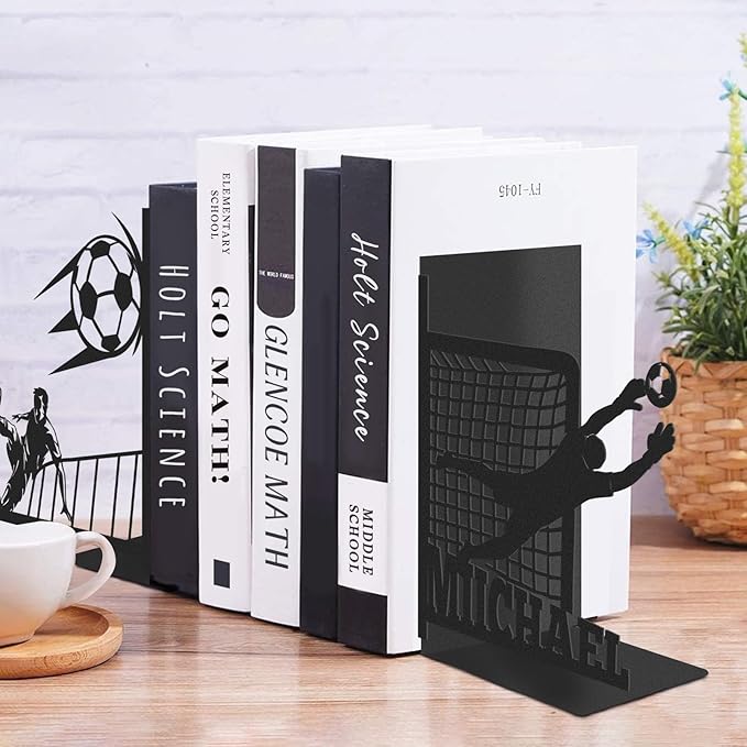 Personalized Metal Book Ends for Shelves 2 Pcs, Custom Soccer Theme Decorative Bookends with Name, Non-Slip Book Stopper, Desk Book Organizer, Black Book Holders for Home Office, Gifts for Men