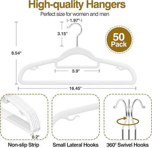 UEAKPIC Plastic Hangers 50 Pack, 16.5 in Heavy Duty Clothes Hangers with 360° Swivel Hook, Non-Slip Bar & 0.2" Ultra-Slim Space-Saving Closet Organizers for Coats, Pants, Suits, Shirts, White