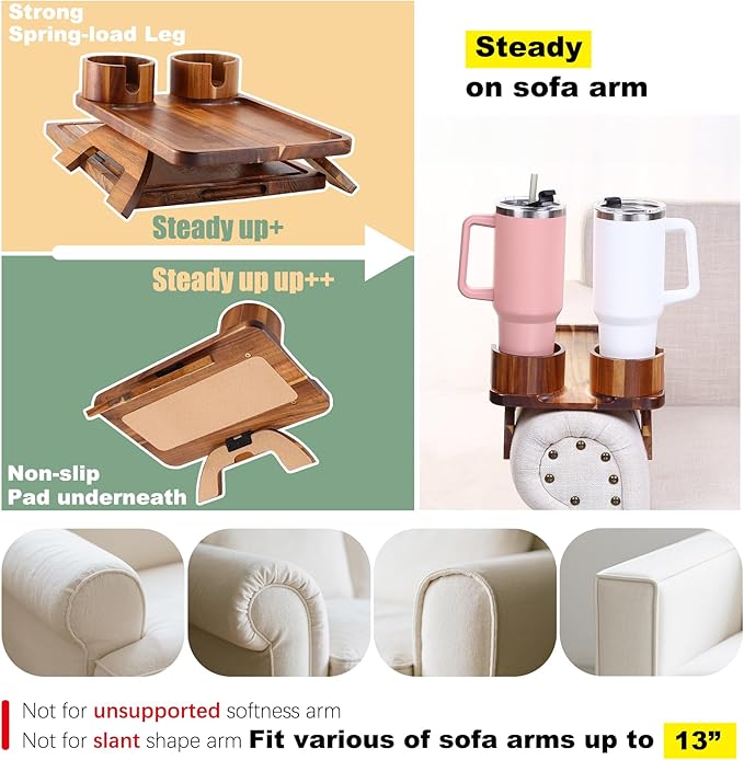 Nnewvante Couch Arm Table with Cheese Board, 4 in 1 Large 15.7"x9.85" Acacia Wood Sofa Arm Clip on Tray with 360 Rotated 2 Cup Holder & Phone Holder & Knife Fork on Armrest