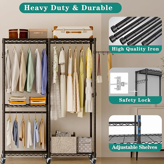 Heavy Duty Garment Rack, 3 Tiers Metal Adjustable Wire Shelves Closet Organizer and Storage Wardrobe Clothing Rack for Hanging Clothes with 2 Hanger Rods, Max Load 800LBS, Black