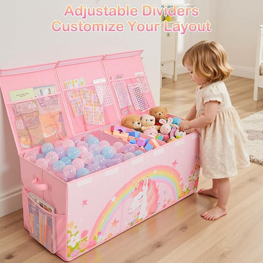Unicorn Castle Toy Box with Adjustable Divider Toy Chest Storage Large Toy Storage Organizer Bin Collapsible with Lid Pockets for Nursery Playroom,Pink Unicorn