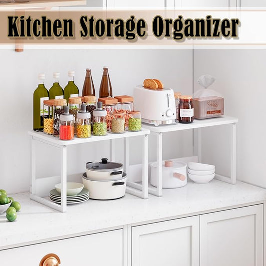 MARTY Kitchen Countertop Organizer Cabinet Shelf, 17x12.4 Large Spice Racks Counter Shelf Microwave Oven Rack Desktop Storage Organization for Kitchen, Office, Metal & Wood, White
