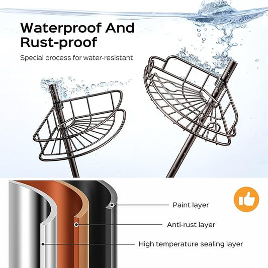 HAMITOR Corner Shower Caddy Tension Pole: 4-Tier Rust-Resistant Adjustable Bathroom Organizer Shelves - 47-121 Inch No-Drill Quick Installation - Space-Saving Storage for Renters Families - Bronze