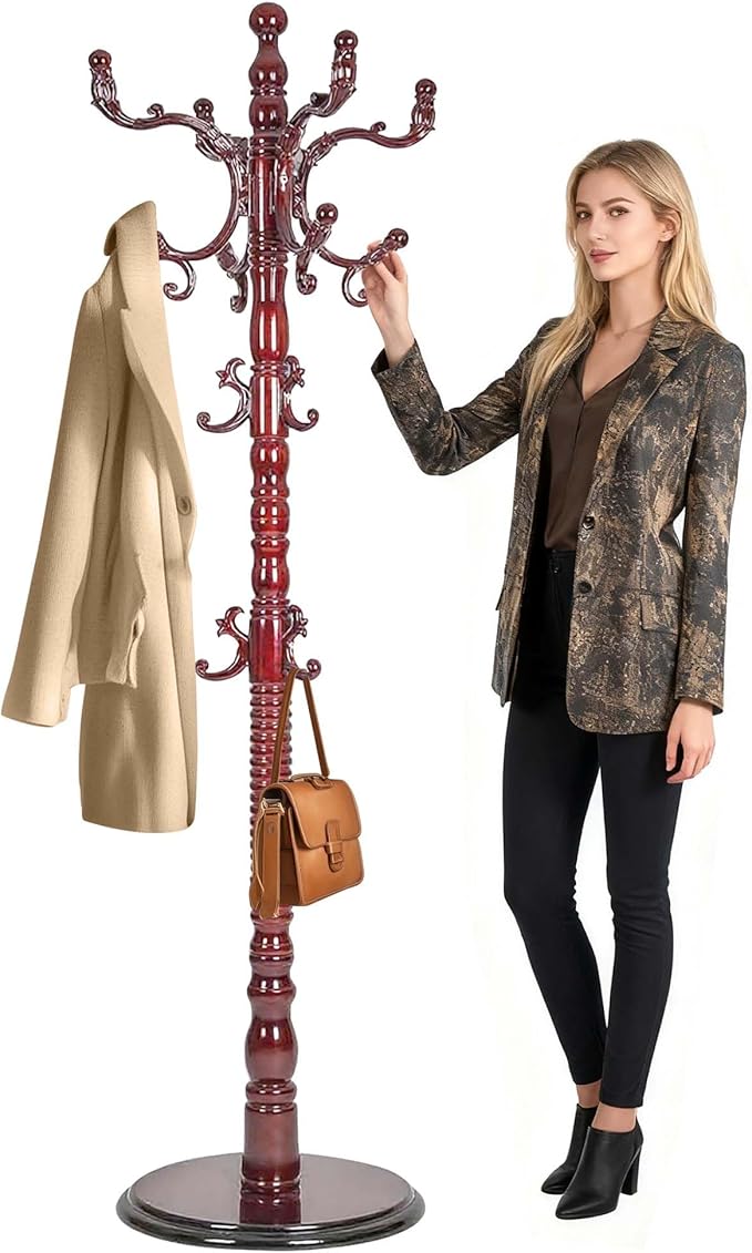 73" Wooden Coat Rack Freestanding, Coat Rack Stand With 18 Hooks And Round Solid Wood Base,Adjustable Height, Easy To Assemble For Entrance Hallway Office Living Room Bedroom