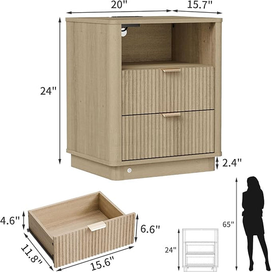 BONITURE 20'' Led Fluted Nightstand, Curved Night Stand with Charging Station Lighting, Wood End Table with 2 Drawers, Modern Side Table Storage Cabinet for Bedroom Office,(1, Natural)