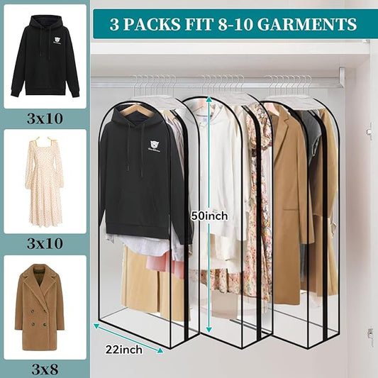 10” Gusseted Clear Garment Bags, 40” Hanging Suit Bags for Closet Storage - Protect Clothes, Suits, Coats, Dresses - 3 Pack (50 inch)