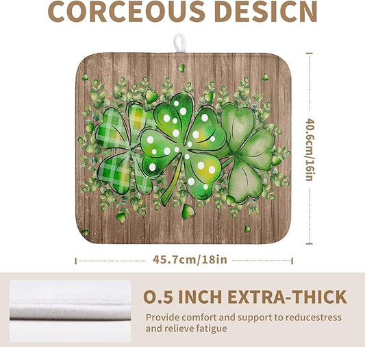 Wnoesat St Patricks Day Wooden Plank Shamrock Drying Mat for Kitchen Counter St Patrick Eucalyptus Leaves Clover Dish Drainer Mats Absorbent Microfiber Dishes Pad Reusable Washable Dry Mat 16x18 Inch