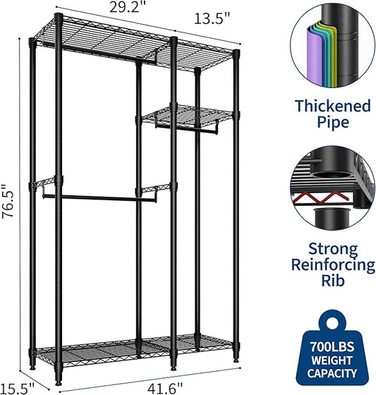 Heavy Duty Clothes Rack,Load 705LBS Garment Rack Portable Closet,Free Standing Closet Organizers and storage with Adjustable Shelves, Hanging Rods, Dividable Black 76.5"H x 41.6"L x 15.5"W