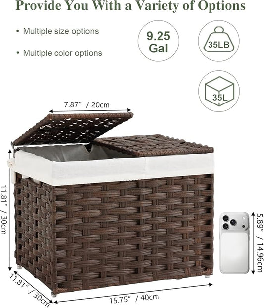 Storage Basket with Lid Woven Wicker Baskets with 2 Separate Lid, 9.2 Gallon (35 L) Wicker Storage Bins with Handles, Foldable and 2 Removable Liner Bags for Bedroom, Laundry Room Brown