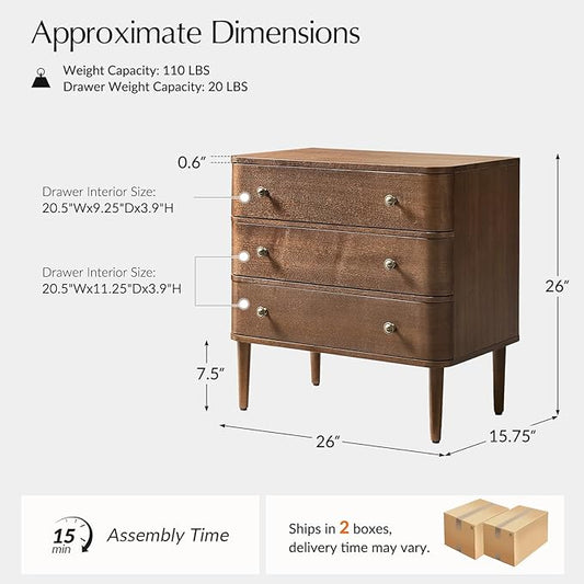 HULALA HOME Modern End Table Set of 2 with Charge Station, 3 Drawer Wood Side Table with Solid Wood Legs & Adjustable Feet, Curved Design End Table, Walnut