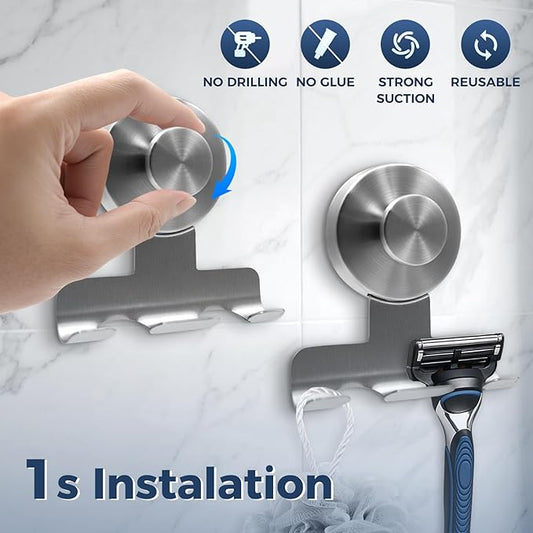 WingWider Suction Cup Razor Holder for Shower,Heavy-Duty 7KG Suction Hooks for Razor,Towel,Loofah,Removable Damage-Free Metal Shower Hook,Shaver Holder,2 Pack(Brushed Silver)