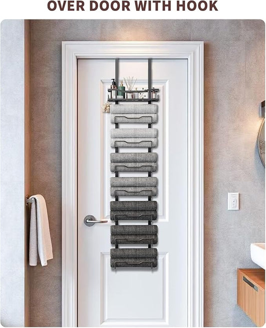 Hanging Towel Racks for Bathroom No Drill - Over The Door 8-Tier Bath Towel Storage Organizer for Small Bathrooms - Back Door Large Tiered Towel Holder Hanger for Rolled Towels RV Camper BLACK