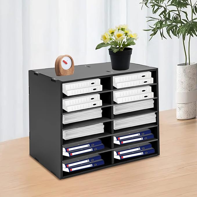 Literature Organizer Sorter,Desktop File Sorter Mail Center Magazine Paper Storage PVC Board File Holder Mailbox Student Classroom Keepers for Home&Office (Black, 12 Slots)