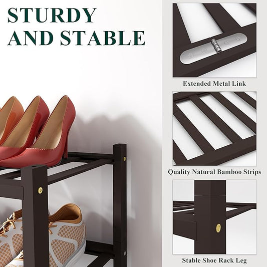 Smiry Bamboo Shoe Rack for Closet, 3 Tier Long Wooden Stackable Shoe Organizer, Free Standing Shoes Storage Shelf for Entryway, Front Door Entrance, Brown