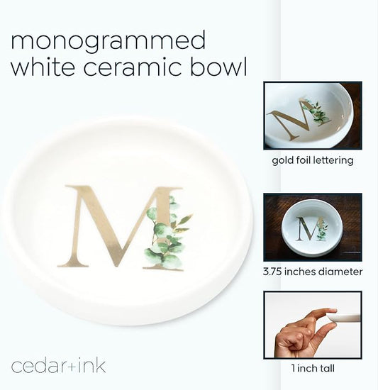 Trinket Tray Jewelry Dish with Monogrammed M in Gold Ring Holder - White Trinket Dish - Personalized Ring Dish or Jewelry Tray - Cedar & Ink (M)