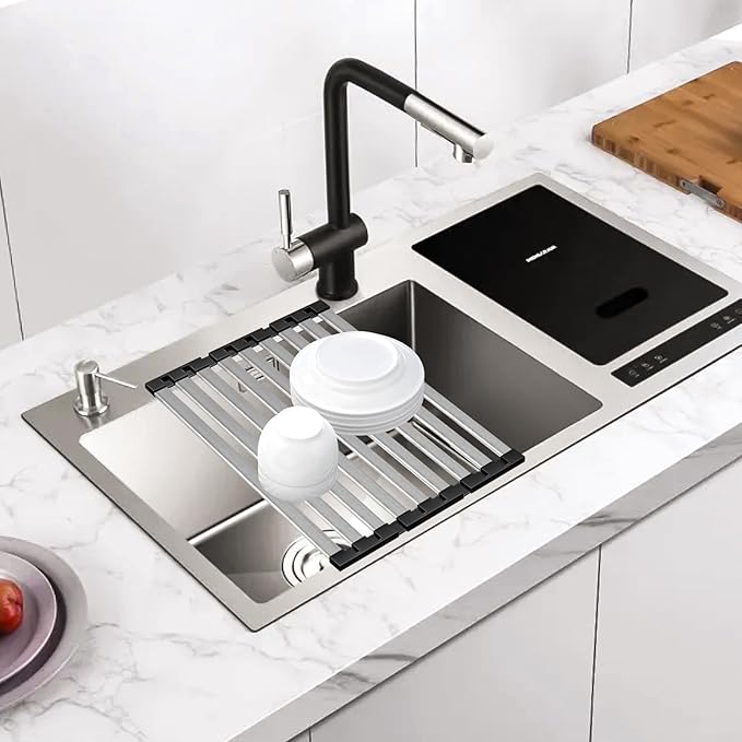 TIKNIK 17.5" X 13" Roll Up Dish Drying Rack, 304 Stainless Steel Over Sink Dish Drying Rack, Foldable Heat-Resistant Dishes Drainer for Kitchen and RV Sink Counter, Black