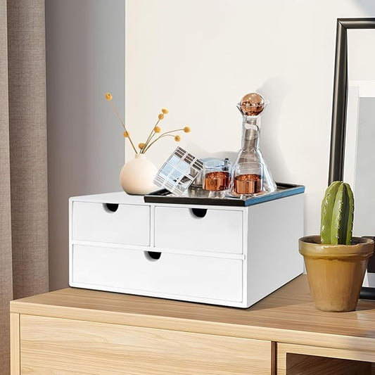 Bamboo Desk Organizer with 3 Drawers, Countertop Organizer with Drawers Makeup Storage Drawer 3 Drawer Tabletop Storage Organization Box Home Office Workspace(White)