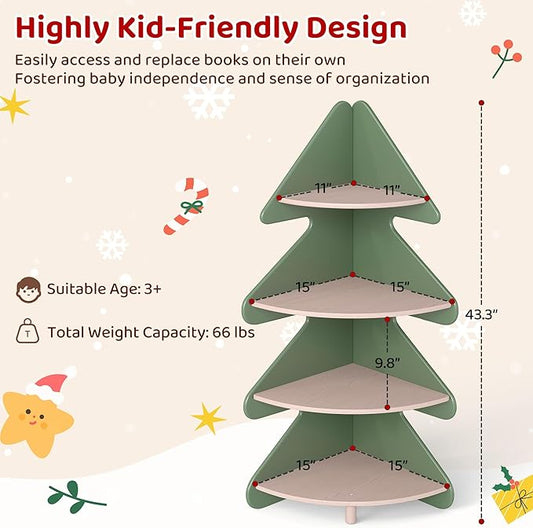 Tree Bookshelf for Kids, 4-Tier Montessori Corner Bookcase, Space-Saving Freestanding Storage Organizer for Books & Toys, Suitable for Kids Room, Playroom, Classroom, Nursery