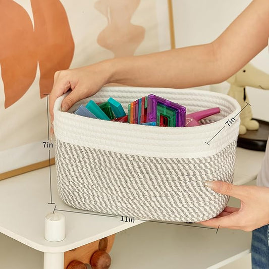 Small Cotton Rope Basket – Storage Bin for Organizing (10.6" x 6.7" x 6.7"), Bathroom Storage Basket for Shelf, Counter & Closet(White & Mixed Grey)