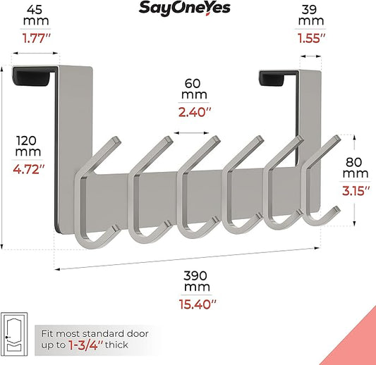 Brushed Nickel Over The Door Hooks, Heavy Duty Stainless Steel Door Hanger with 6 Double Hooks for Hanging Towels, Coats, Robes, Hats, Bags, No Drill Over Door Towel Rack for Bathroom, Bedroom, 2 Pack