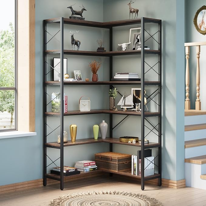 6-Shelf Corner Bookshelf, Vintage Industrial CornerBookshelf Etagere Bookcase, Large Book Shelf with Metal Frame Open Storage Corner Cabinet for Living Room Home Office(Retro Brown)